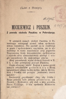 Mickiewicz i Puszkin : z powodu obchodu Puszkina w Petersburgu : (List z Rosyi)