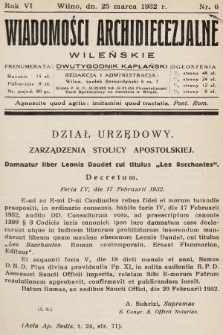 Wiadomości Archidiecezjalne Wileńskie : dwutygodnik kapłański. 1932, nr 6
