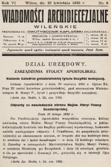 Wiadomości Archidiecezjalne Wileńskie : dwutygodnik kapłański. 1932, nr 8