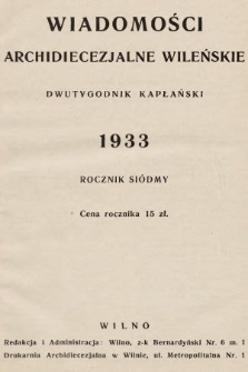 Wiadomości Archidiecezjalne Wileńskie : dwutygodnik kapłański. 1933, spis rzeczy