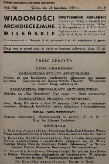 Wiadomości Archidiecezjalne Wileńskie : dwutygodnik kapłański. 1934, nr 8