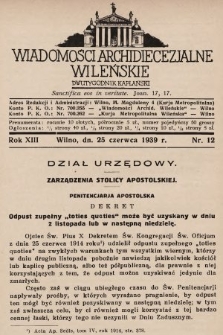 Wiadomości Archidiecezjalne Wileńskie : dwutygodnik kapłański. 1939, nr 12