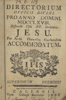Directorium Officii Divini pro Anno Domini ... usui PP. Societatis Jesu per Archi Diæcesim Gnesnensem Accommodatum. 1768