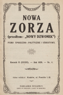 Nowa Zorza : (przedtem „Nowy Dzwonek”) : pismo społeczno-polityczne i oświatowe. 1926, nr 4