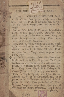 [Ordo Officii Divini pro Dioecesi Cracoviensi Juxta Rubricas Breviarii & Missalis Romani tam Generales, quam Particulares ac Decr. S.R. C. ad Annum Domini ... Consriptus]. 1789