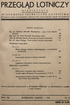 Przegląd Lotniczy : miesięcznik wraz z kwartalnym dodatkiem bezpłatnym „Wiadomości Techniczne Lotnictwa” : wydawany przez Departament Aeronautyki Ministerstwa Spraw Wojskowych. 1935, nr 3