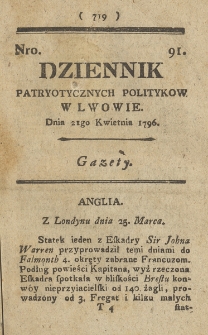 Dziennik Patryotycznych Politykow we Lwowie. 1796, nr 91