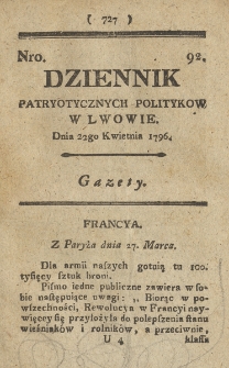 Dziennik Patryotycznych Politykow we Lwowie. 1796, nr 92
