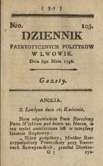 Dziennik Patryotycznych Politykow we Lwowie. 1796, nr 103
