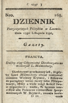 Dziennik Patryotycznych Politykow we Lwowie. 1796, nr 268