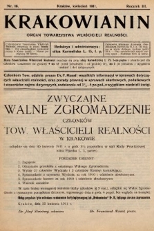 Krakowianin : organ Towarzystwa Właścicieli Realności. R.3, 1911, nr 16