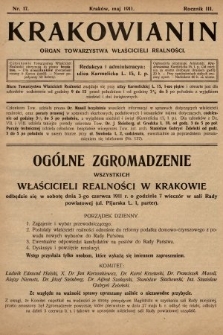 Krakowianin : organ Towarzystwa Właścicieli Realności. R.3, 1911, nr 17