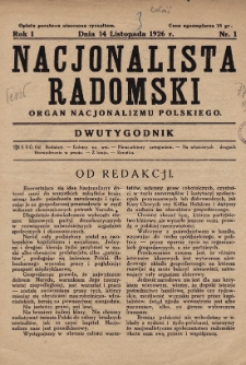 Nacjonalista Radomski : organ nacjonalizmu polskiego. 1926, nr 1