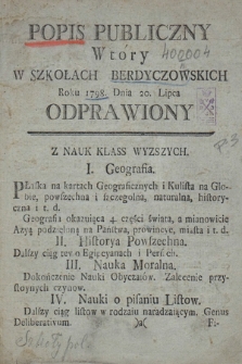 Popis Publiczny Wtóry w Szkołach Berdyczowskich Roku 1798. Dnia 20. Lipca Odprawiony