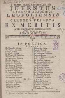 Juventus Gymnasii Academici Leopoliensis in Classes Tributa ex Meritis Anni Scholastici [...]. 1792