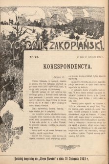 Tygodnik Zakopiański : dodatek bezpłatny do „Głosu Narodu” z dnia 15 listopada 1903, nr 21