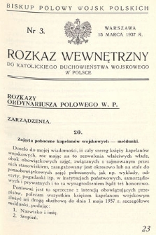 Rozkaz Wewnętrzny do Katolickiego Duchowieństwa Wojskowego w Polsce. 1937, nr 3