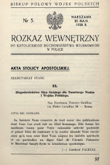 Rozkaz Wewnętrzny do Katolickiego Duchowieństwa Wojskowego w Polsce. 1938, nr 5