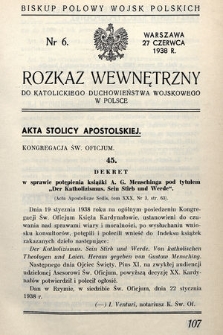 Rozkaz Wewnętrzny do Katolickiego Duchowieństwa Wojskowego w Polsce. 1938, nr 6