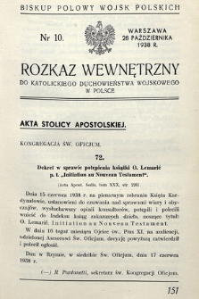 Rozkaz Wewnętrzny do Katolickiego Duchowieństwa Wojskowego w Polsce. 1938, nr 10