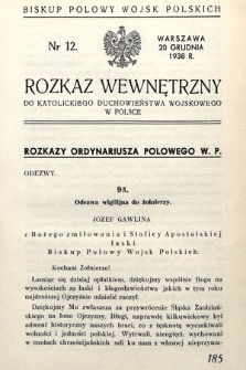 Rozkaz Wewnętrzny do Katolickiego Duchowieństwa Wojskowego w Polsce. 1938, nr 12