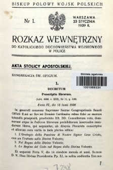 Rozkaz Wewnętrzny do Katolickiego Duchowieństwa Wojskowego w Polsce. 1939, nr 1