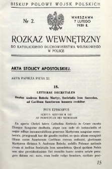 Rozkaz Wewnętrzny do Katolickiego Duchowieństwa Wojskowego w Polsce. 1939, nr 2