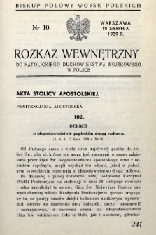 Rozkaz Wewnętrzny do Katolickiego Duchowieństwa Wojskowego w Polsce. 1939, nr 10
