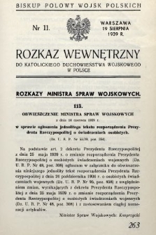 Rozkaz Wewnętrzny do Katolickiego Duchowieństwa Wojskowego w Polsce. 1939, nr 11