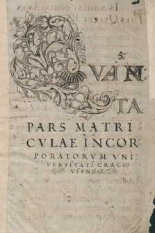 „Qvarta pars Matricvle (studiosorum) incorporatorvm Vniversitati Cracoviensi” ab a. d. 1607-1642