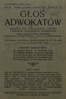 Głos Adwokatów : miesięcznik poświęcony prawu i sprawom zawodowym adwokatury. 1926/1927, z. 9-10