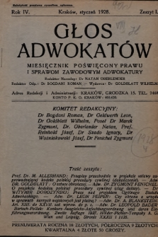 Głos Adwokatów : miesięcznik poświęcony prawu i sprawom zawodowym adwokatury. 1928, z. 1