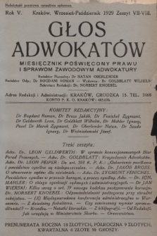 Głos Adwokatów : miesięcznik poświęcony prawu i sprawom zawodowym adwokatury. 1929, z. 7-8