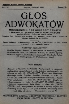 Głos Adwokatów : miesięcznik poświęcony prawu i sprawom zawodowym adwokatury. 1931, z. 3