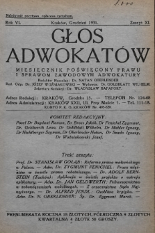 Głos Adwokatów : miesięcznik poświęcony prawu i sprawom zawodowym adwokatury. 1931, z. 11
