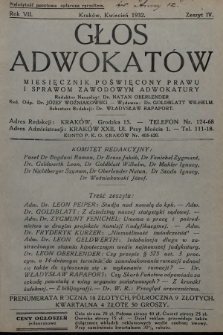 Głos Adwokatów : miesięcznik poświęcony prawu i sprawom zawodowym adwokatury. 1932, z. 4