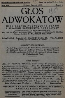 Głos Adwokatów : miesięcznik poświęcony prawu i sprawom zawodowym adwokatury. 1933, z. 1