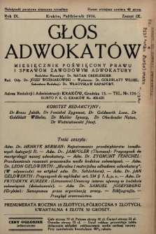 Głos Adwokatów : miesięcznik poświęcony prawu i sprawom zawodowym adwokatury. 1934, z. 9