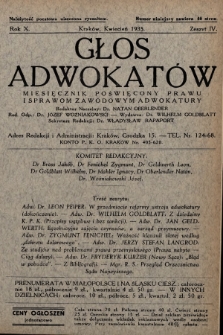 Głos Adwokatów : miesięcznik poświęcony prawu i sprawom zawodowym adwokatury. 1935, z. 4