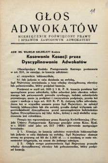 Głos Adwokatów : miesięcznik poświęcony prawu i sprawom zawodowym adwokatury. 1937, z. 11
