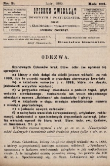 Opiekun Zwierząt Domowych i Pożytecznych : organ Krakowskiego Stowarzyszenia Ochrony Zwierząt. 1889, nr 2