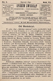 Opiekun Zwierząt Domowych i Pożytecznych : organ Krakowskiego Stowarzyszenia Ochrony Zwierząt. 1892, nr 1