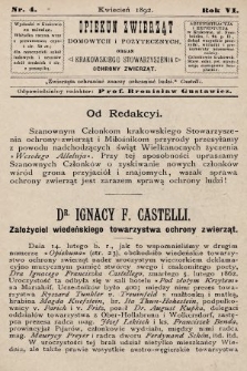 Opiekun Zwierząt Domowych i Pożytecznych : organ Krakowskiego Stowarzyszenia Ochrony Zwierząt. 1892, nr 4