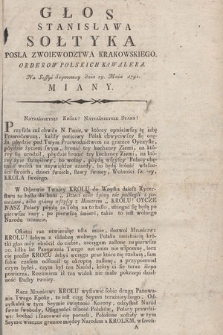 Głos Stanisława Sołtyka Posła Zwoiewodztwa [!] Krakowskiego Orderow Polskich Kawalera Na Sessyi Seymowey dnia 29 Maja 1792 Miany