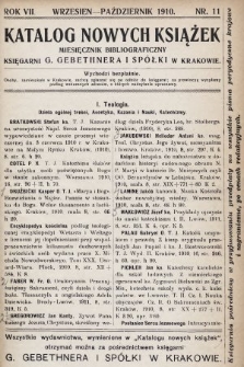 Katalog Nowych Książek : miesięcznik bibliograficzny Księgarni G. Gebethnera i Spółki w Krakowie. 1910, nr 11