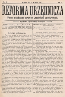 Reforma Urzędnicza : pismo poświęcone sprawom Urzędników państwowych. 1911, nr 9