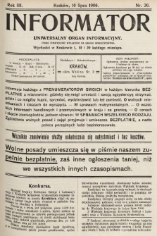 Informator : uniwersalny organ informacyjny : pismo poświęcone wyłącznie na usługi społeczeństwa. 1906, nr 20