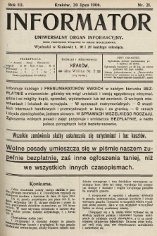 Informator : uniwersalny organ informacyjny : pismo poświęcone wyłącznie na usługi społeczeństwa. 1906, nr 21