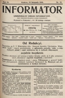 Informator : uniwersalny organ informacyjny : pismo poświęcone wyłącznie na usługi społeczeństwa. 1906, nr 32