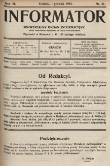Informator : uniwersalny organ informacyjny : pismo poświęcone wyłącznie na usługi społeczeństwa. 1906, nr 34